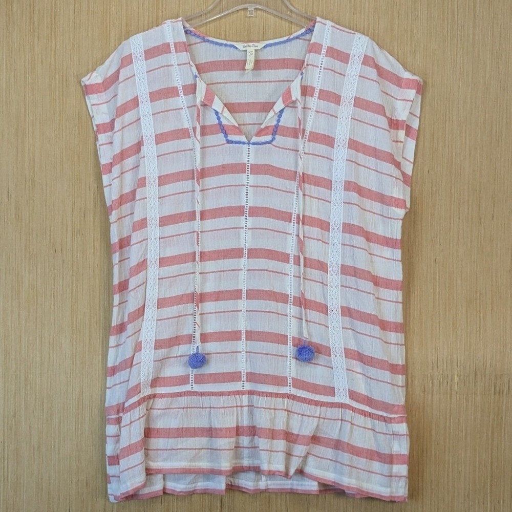 Matilda Jane Womens Boho Beach Striped Lace Tunic Top Large Cotton Coral White